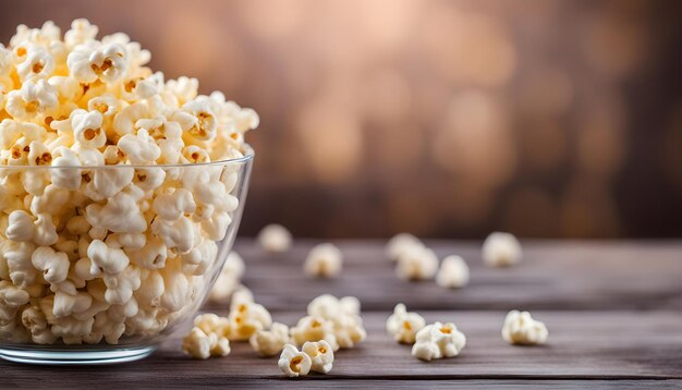 Photo a bowl of popcorn on a wooden table with a background of a brown background