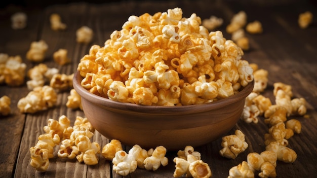 A bowl of popcorn on a wooden table