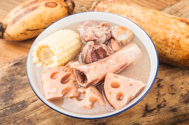 bowl of pork bone lotus root soup on a wooden table