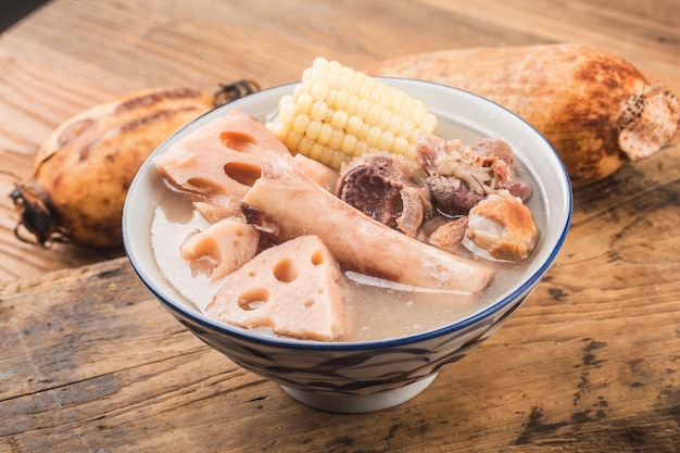 bowl of pork bone lotus root soup on a wooden table