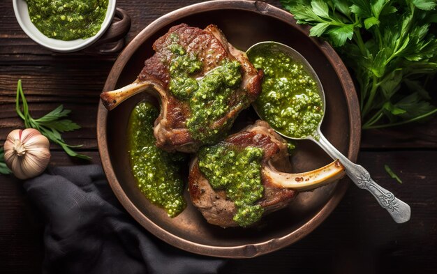 A bowl of pork chops with green pesto sauce on top