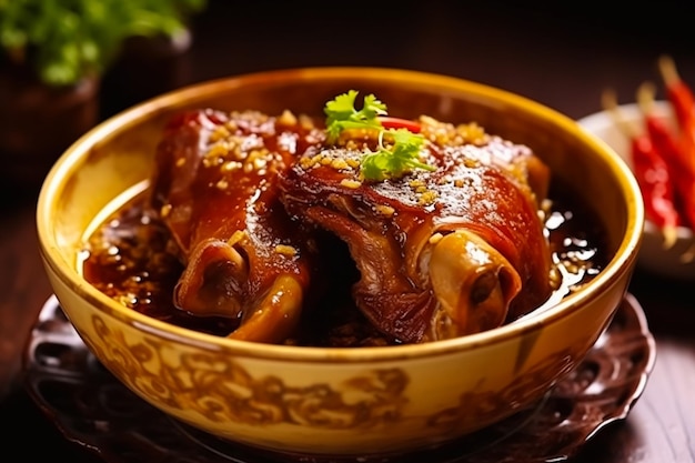 A bowl of pork ribs with sauce and a sprig of parsley.