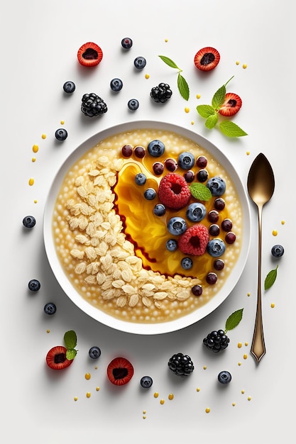 A bowl of porridge with berries and blueberries on the top.