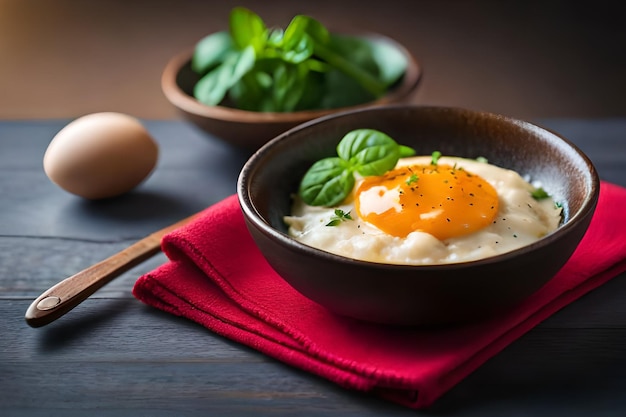 A bowl of porridge with a fried egg on top