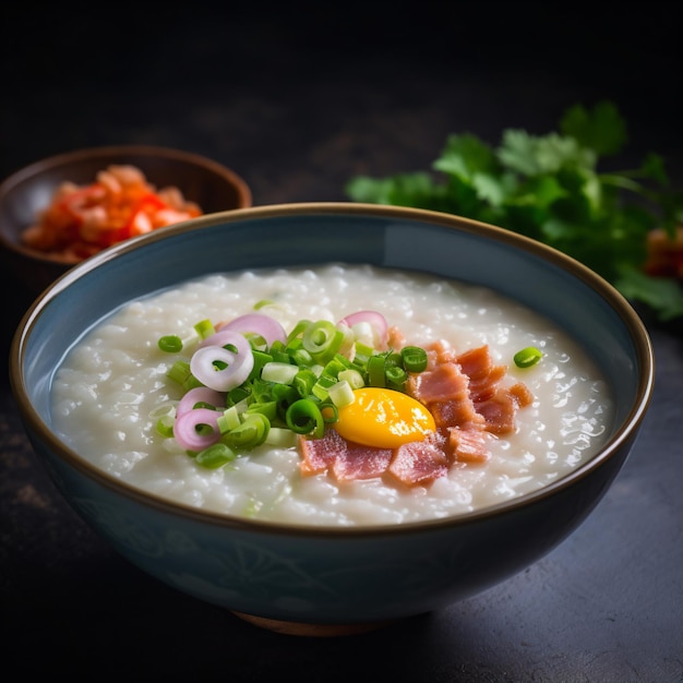 A bowl of porridge with ham and onions on it