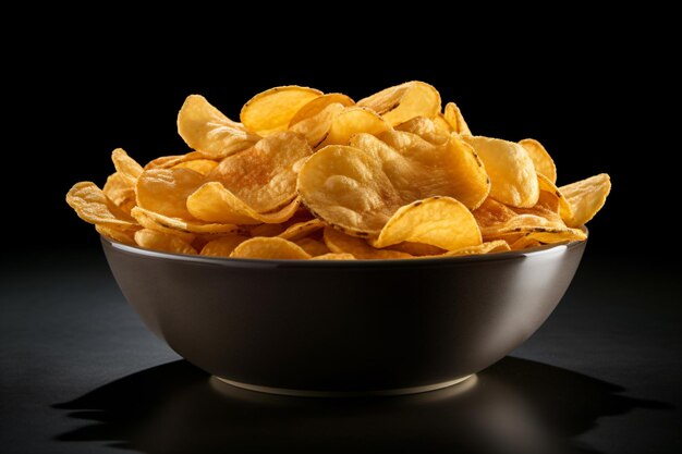 a bowl of potato chips on a black table