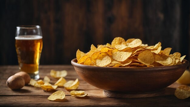 A bowl of potato chips and a glass of beer