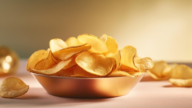 A bowl of potato chips is shown with a gold rim.