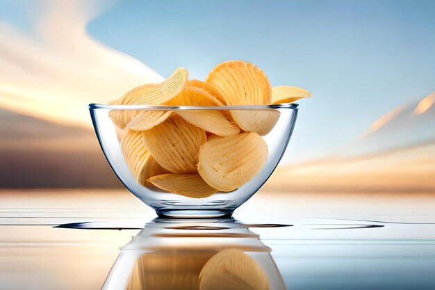 A bowl of potato chips is on a table with a sunset in the background