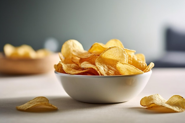 A bowl of potato chips on a table