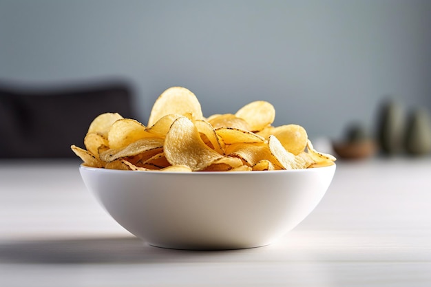 A bowl of potato chips on a table