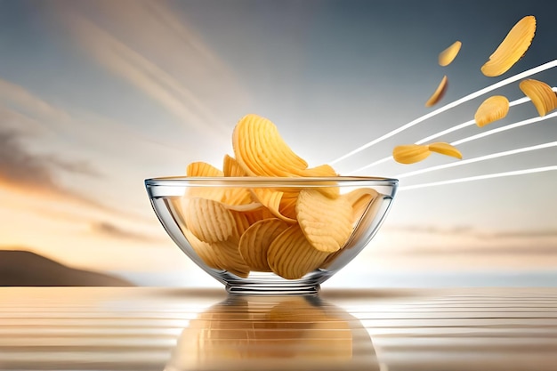 A bowl of potato chips with a sunset in the background