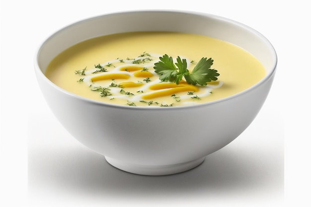 A bowl of potato soup with parsley on top isolated on white background illustration images