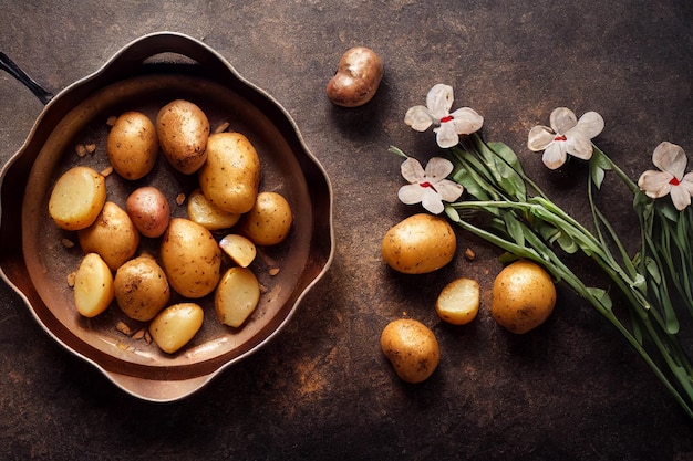 A bowl of potatoes with a flower on the side