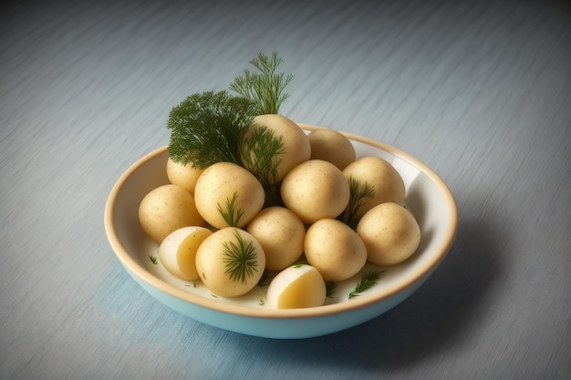 A bowl of potatoes with a sprig of dill on top