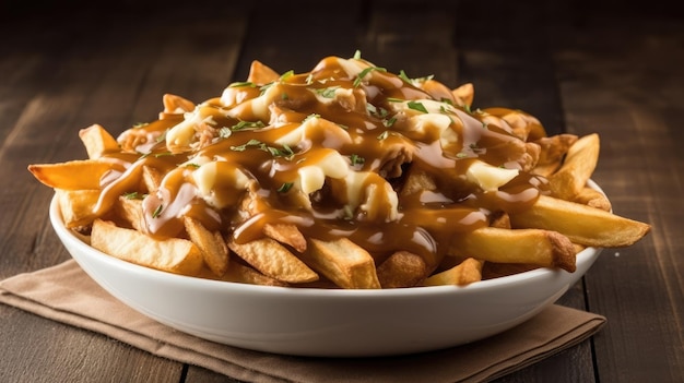 A bowl of poutine with gravy and cheese on top