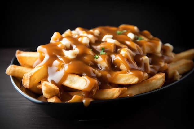 A bowl of poutine with gravy and cheese on top