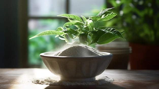 A bowl of powder sits on a table next to a plant with a plant on it Generative AI