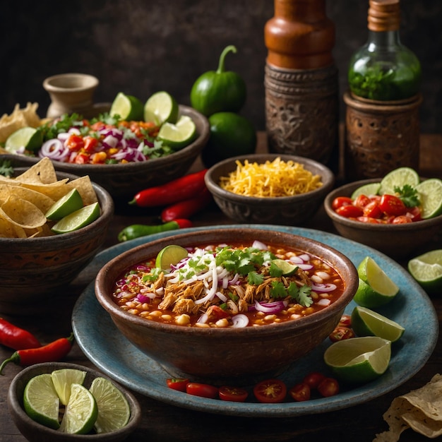 A bowl of Pozole sits on a blue plate surrounded by bowls of toppings such as tortilla chips