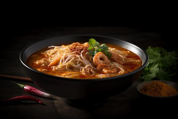 A bowl of prawn noodle soup with a red sauce.