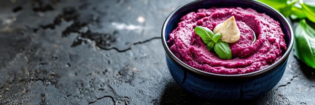 a bowl of purple food with a green leaf on the side