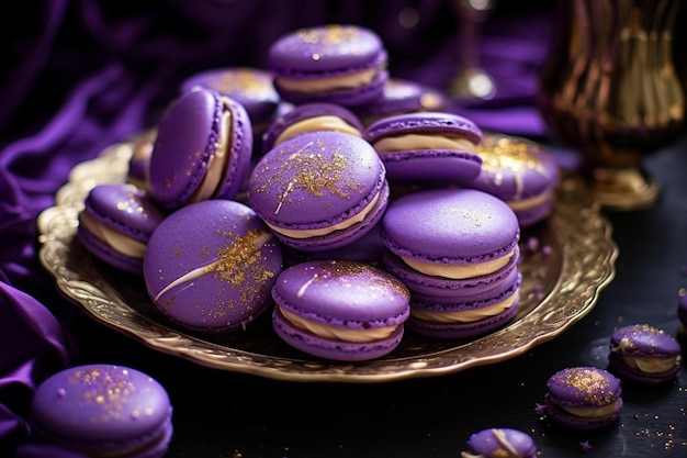 a bowl of purple and gold macarons with gold flakes on it.