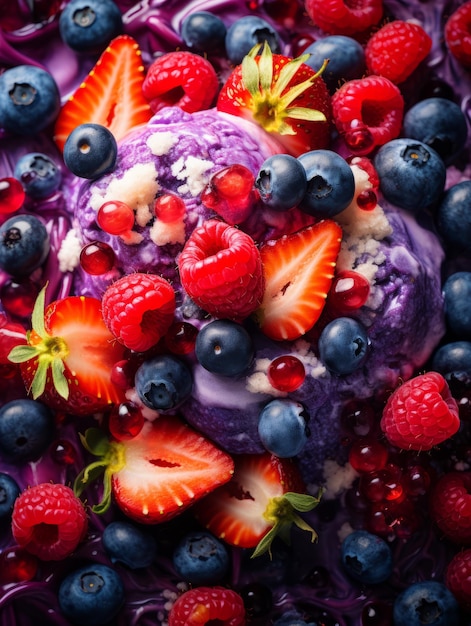 A bowl of purple ice cream with berries and blueberries