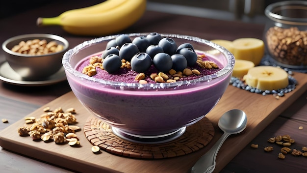 a bowl of purple raspberry juice with a spoon and some bananas