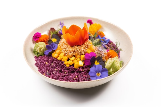 A bowl of purple rice with a flower arrangement on top.