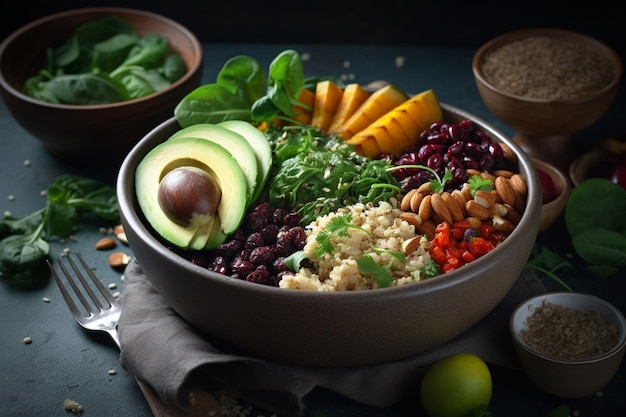 A bowl of quinoa, avocado, and black beans with avocado on top.