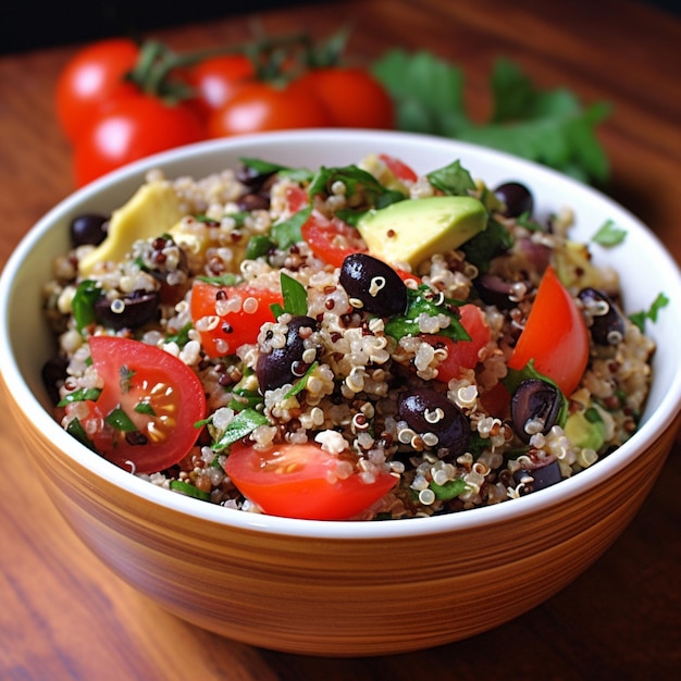 A bowl of quinoa salad with avocado and tomatoes on the side.