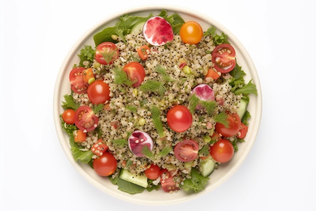 A bowl of quinoa salad with tomatoes, cucumbers, and cucumbers.