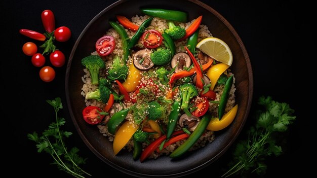 A bowl of quinoa with vegetables and lemons on a dark background