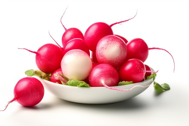 A bowl of radishes with leaves on the side