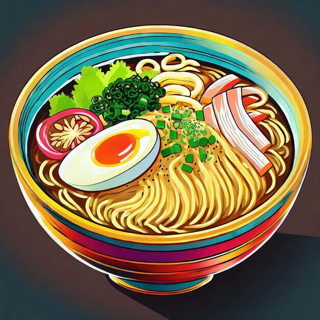 Foto una ciotola di ramen generatia una ciotoletta di ramen resa in uno stile grafico audace con colori vivacive ai