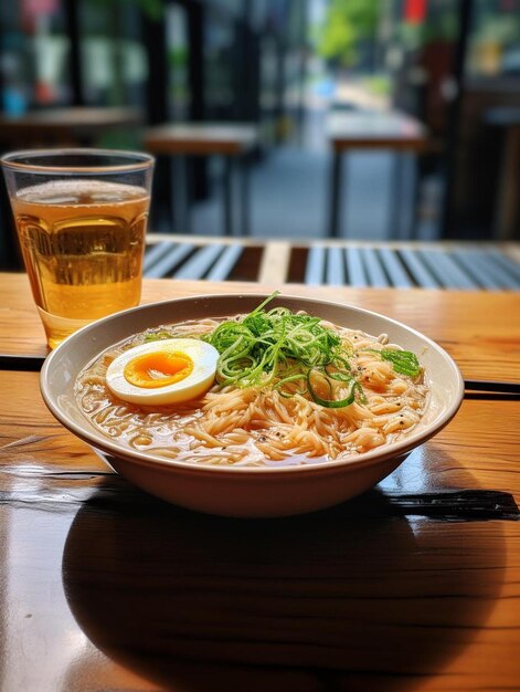 Photo a bowl of ramen and a glass of beer on a table