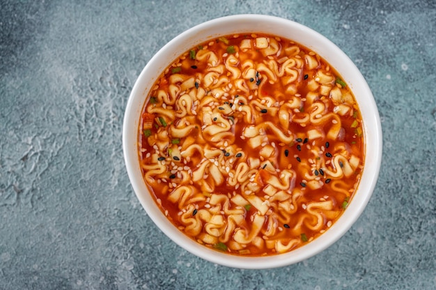 Bowl of Ramen - Japanese noodle soup: top view