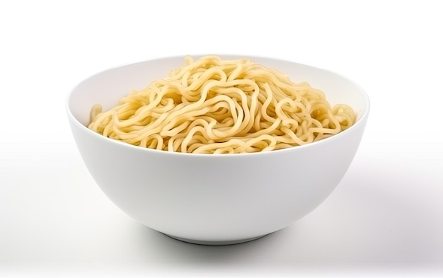 A bowl of ramen noodles on a white background
