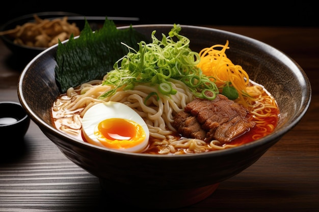 a bowl of ramen soup with meat egg and vegetables