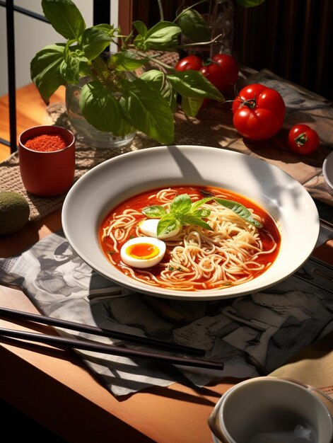 Foto una ciotola di ramen con un uovo bollito dentro