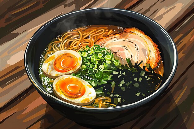 Photo bowl of ramen with chopsticks and eggsillustration