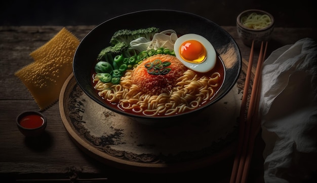 A bowl of ramen with an egg on top