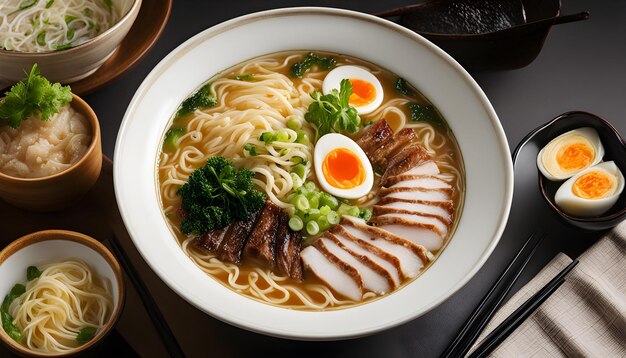 Photo a bowl of ramen with egg and vegetables on the side