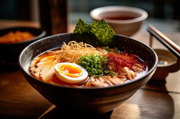 a bowl of ramen with egg and vegetables