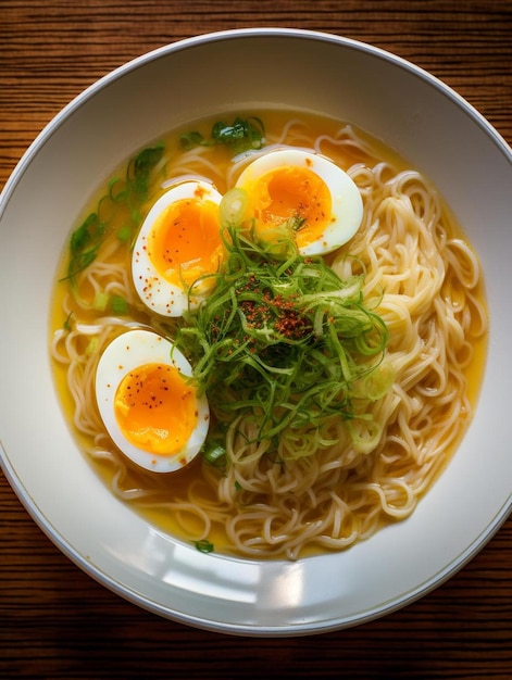 a bowl of ramen with eggs and greens