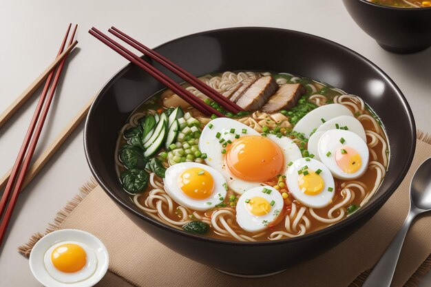 a bowl of ramen with eggs and meats on a table with chopsticks and a bowl of soup