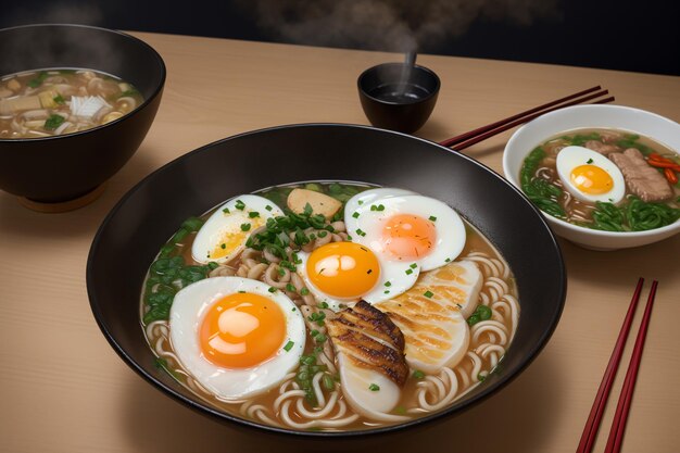 a bowl of ramen with eggs and meats on a table with chopsticks and bowls of soup