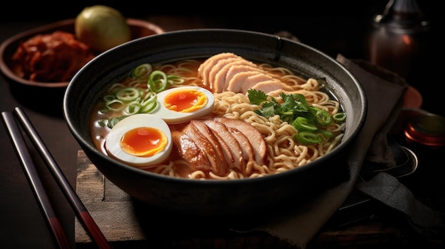 A bowl of ramen with a few eggs and a few slices of meat