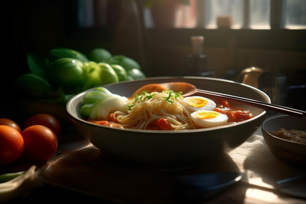 A bowl of ramen with a few eggs on the side