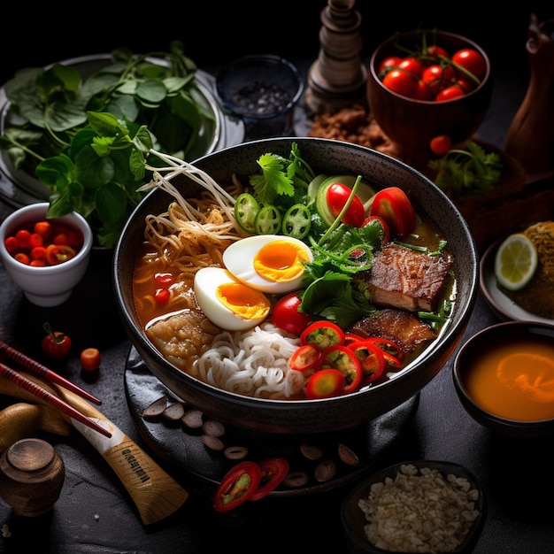 A bowl of ramen with a few ingredients on the table